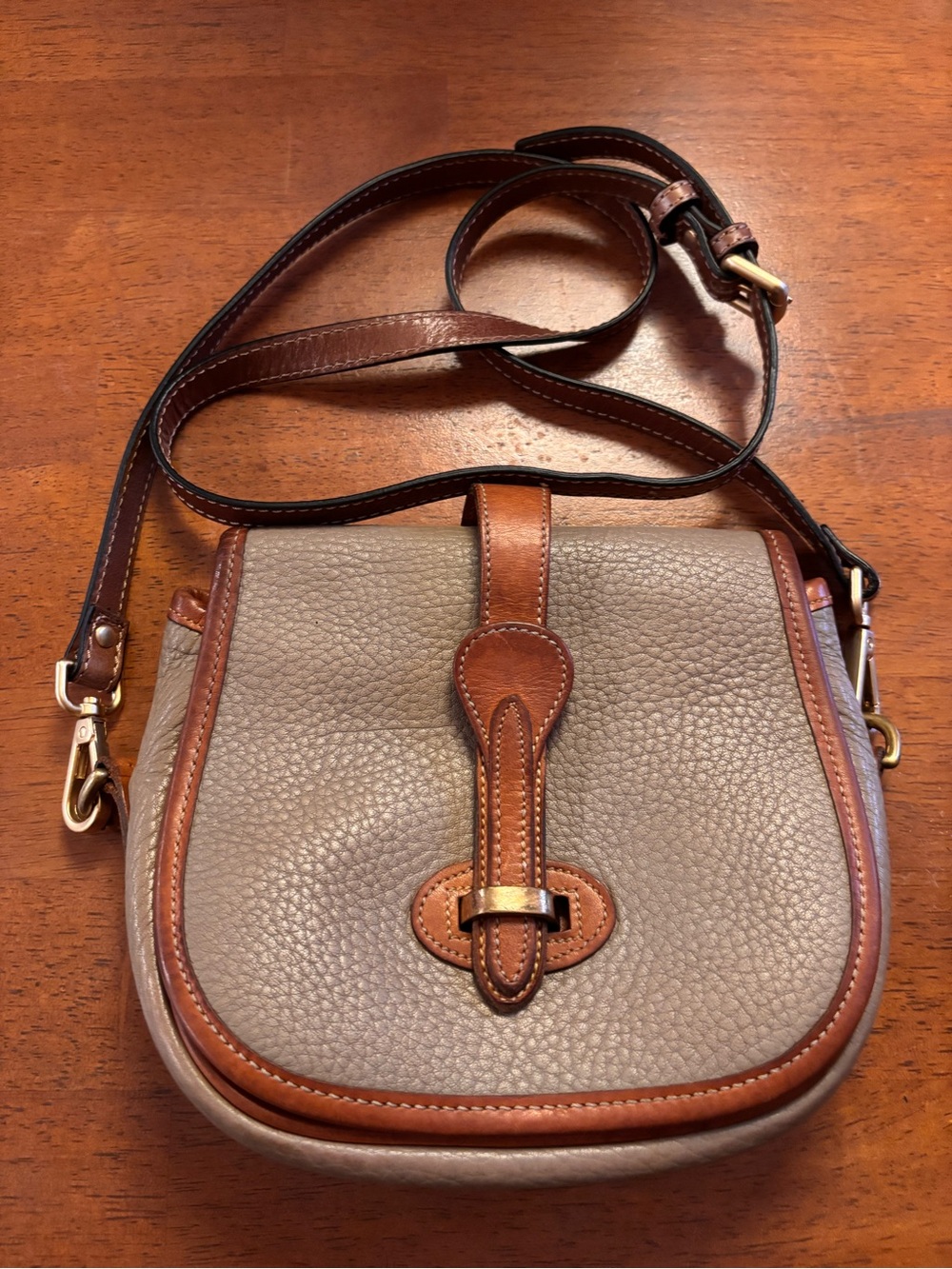 Vintage Dooney & Bourke Taupe Pebbled Leather Crossbody with Brown Trim Small